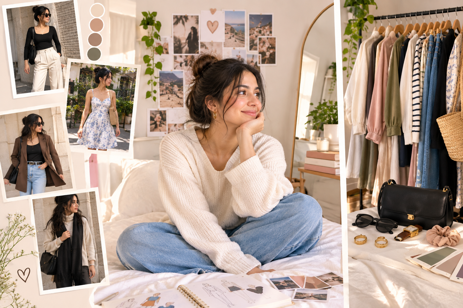 Fashion lifestyle collage featuring a woman in a cozy bedroom, surrounded by outfit inspiration photos, a clothing rack, handbags, jewelry, sunglasses, and wardrobe essentials, with neutral and soft-toned styling.