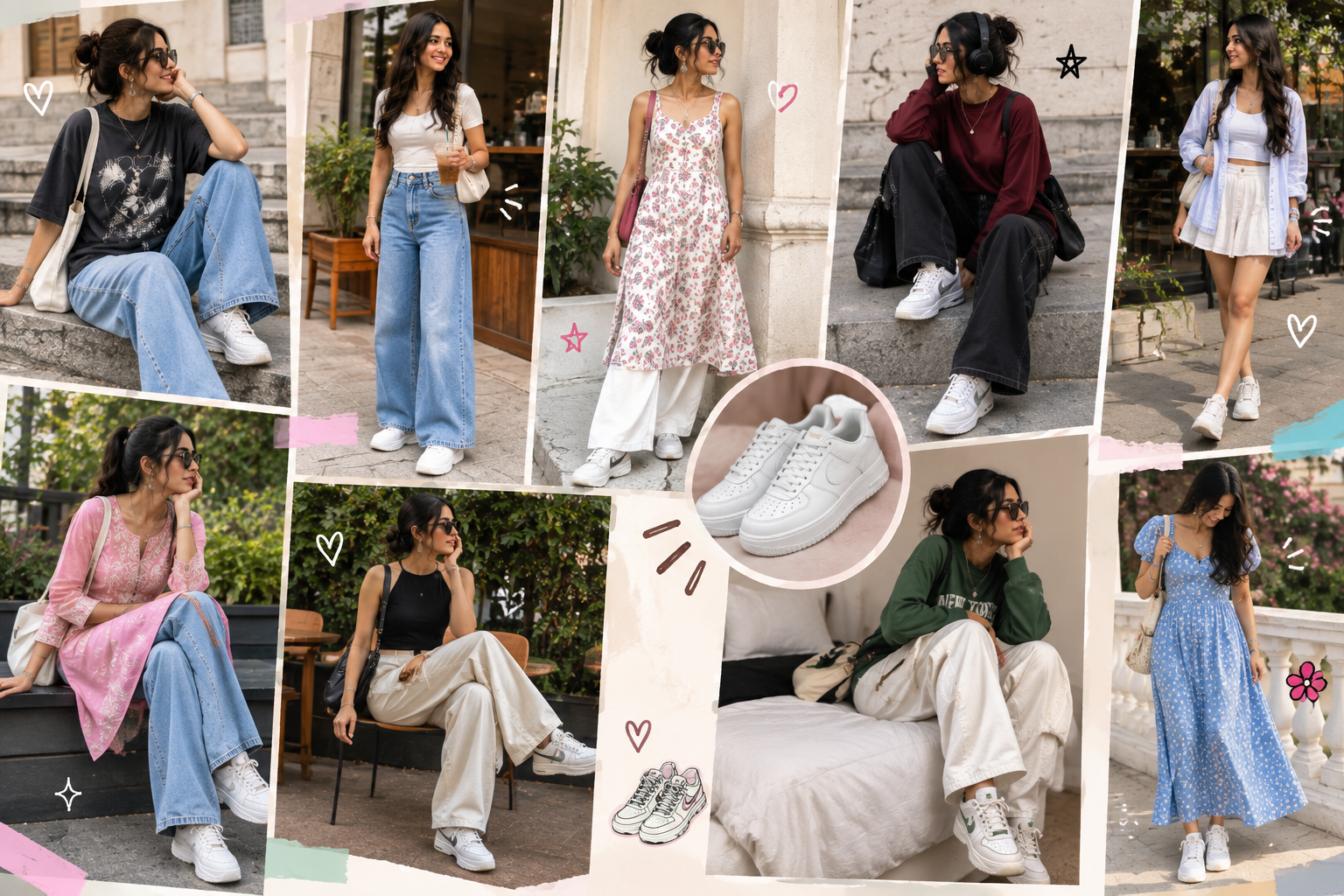 Fashion collage featuring women in casual and feminine outfits, including wide-leg jeans, floral dresses, skirts, relaxed trousers, sweaters, sneakers, and pastel-toned tops, showcasing modern everyday style.