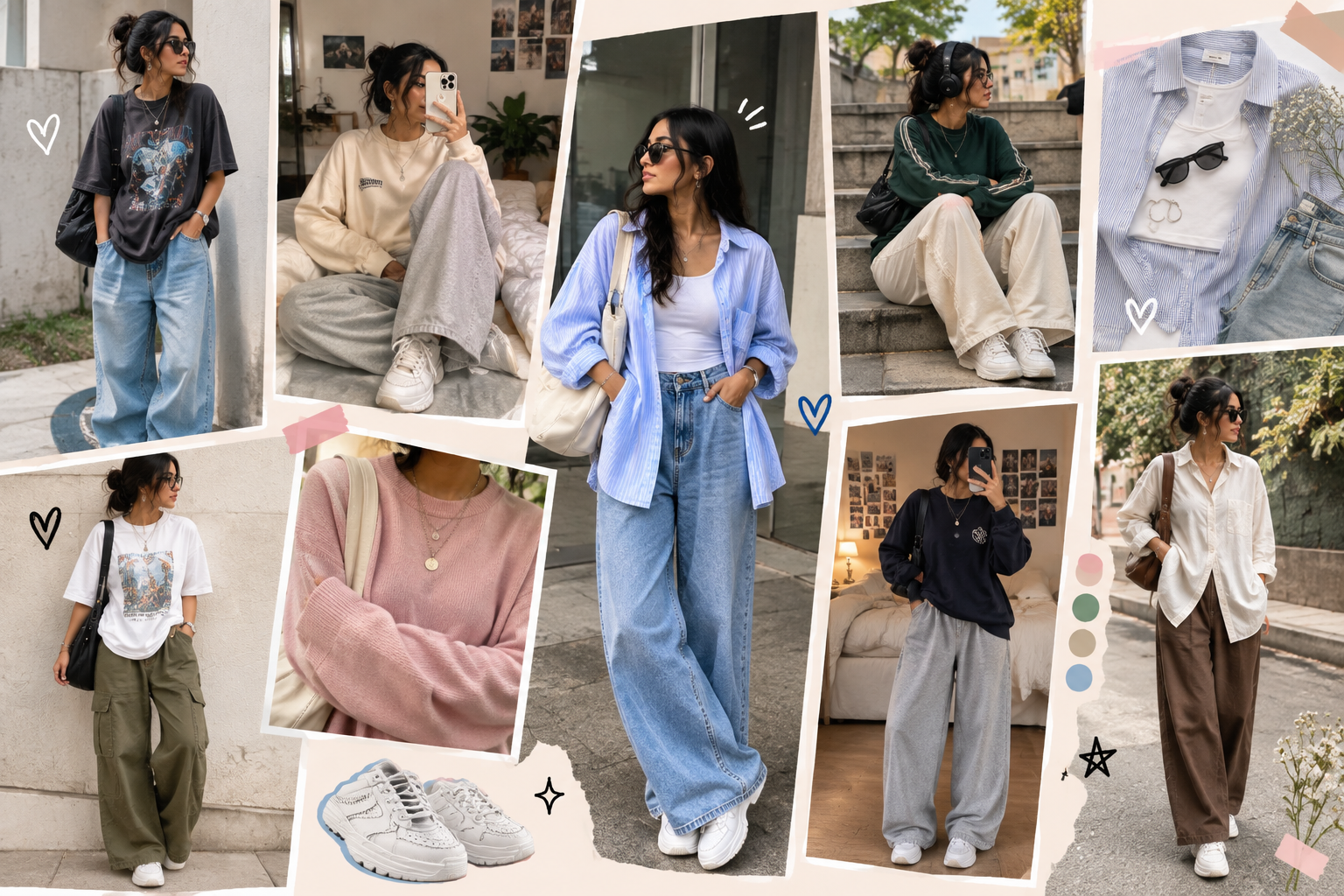 Fashion collage featuring women in casual and contemporary outfits, including oversized T-shirts, wide-leg jeans, sweatshirts, loose trousers, sneakers, layered tops, and everyday accessories in neutral and pastel tones.