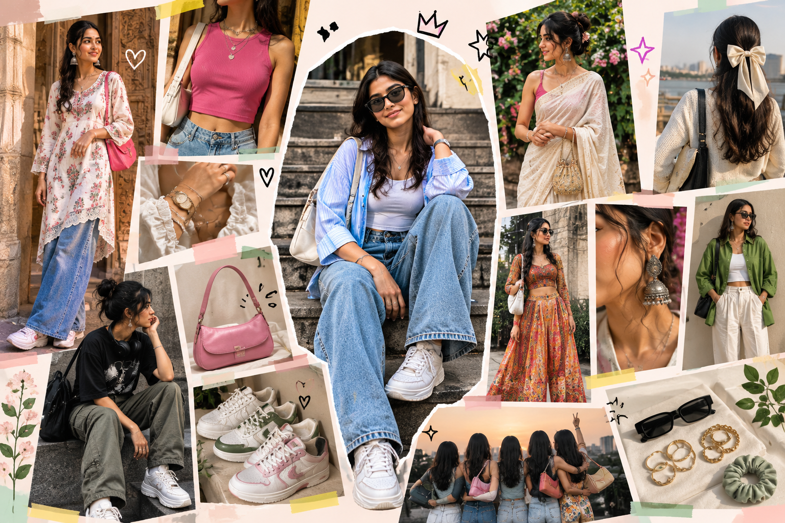 Fashion collage featuring women in modern casual, ethnic, and trendy outfits, with denim, sneakers, sarees, accessories, handbags, sunglasses, and jewelry.