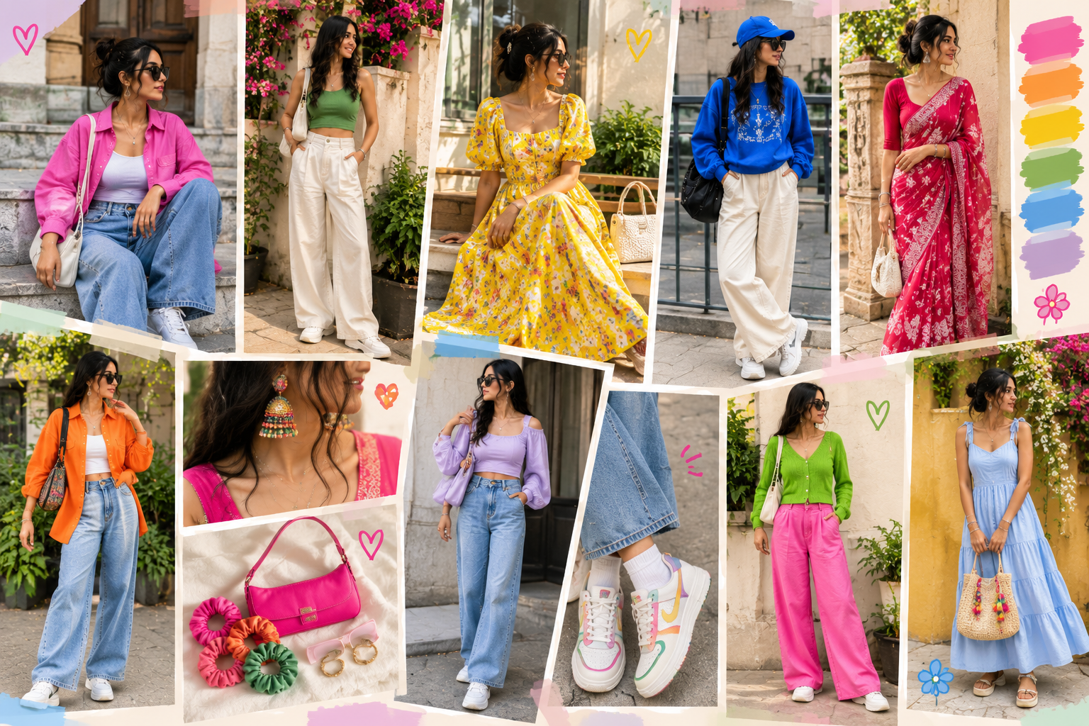 Colorful fashion collage featuring women in bright summer outfits, including wide-leg jeans, colorful tops, floral and traditional dresses, skirts, sneakers, handbags, earrings, and playful accessories in vibrant pink, yellow, blue, green, and orange tones.
