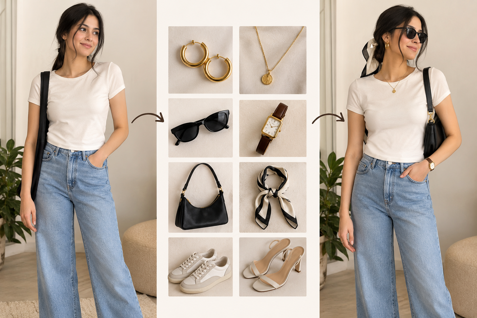 Fashion styling collage showing a woman wearing a white T-shirt and wide-leg blue jeans, with accessories including earrings, necklace, sunglasses, watch, handbag, scarf, sneakers, and heels displayed between two outfit views.